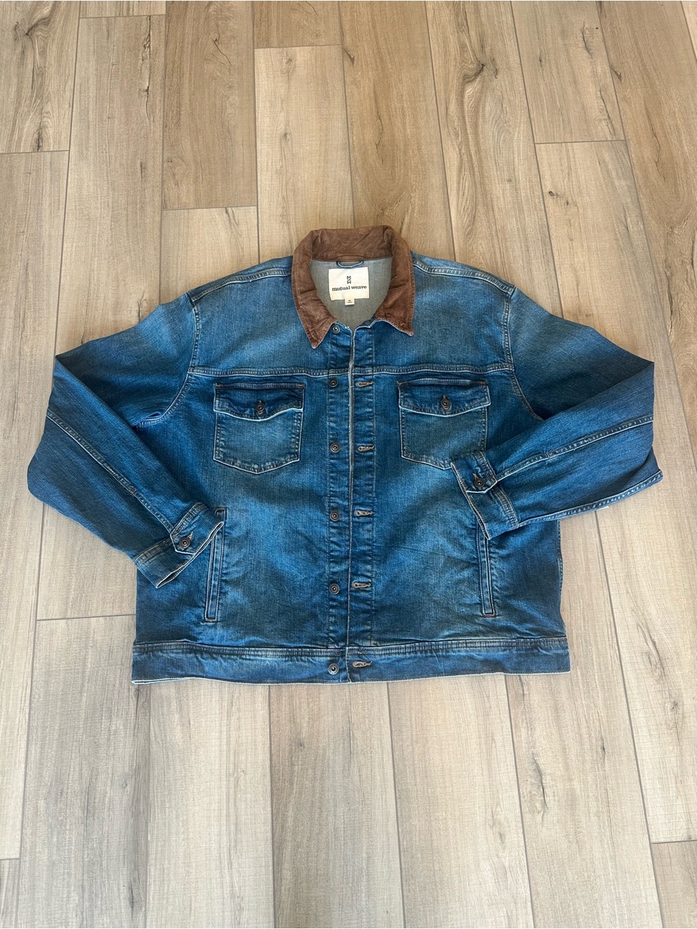 Blue Denim Trucker Jacket with Brown Corduroy Collar